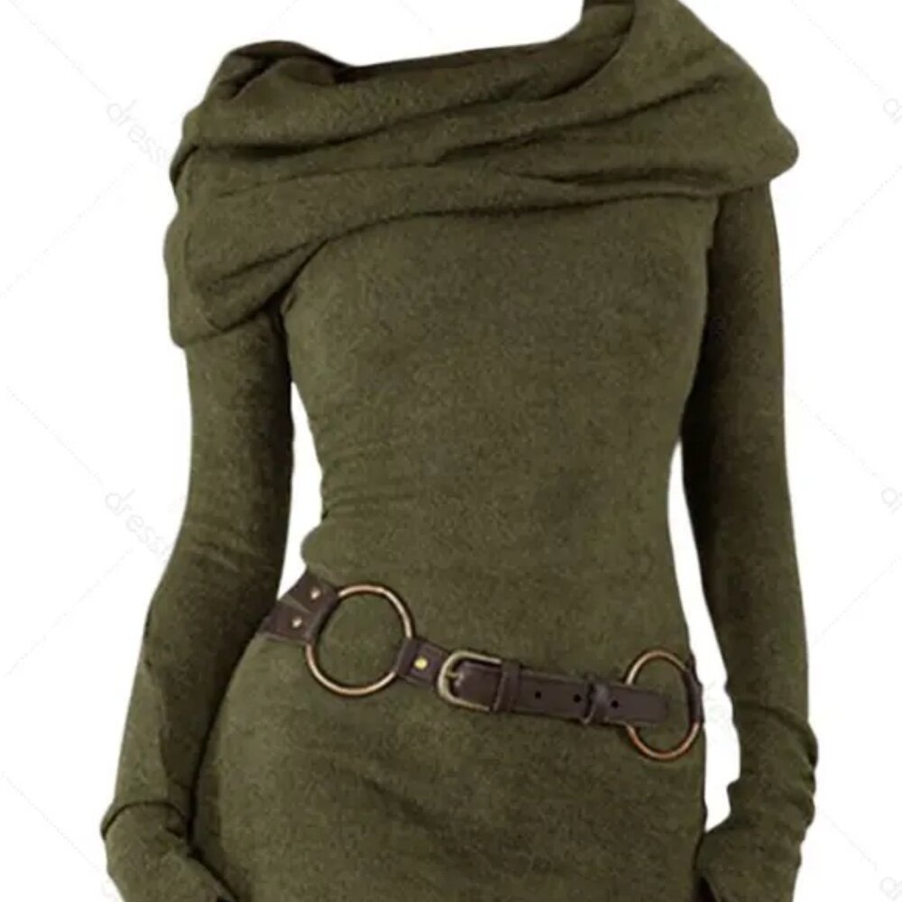 Khaki Cowl Neck Long Sleeve Sweater Dress in Women’s XL